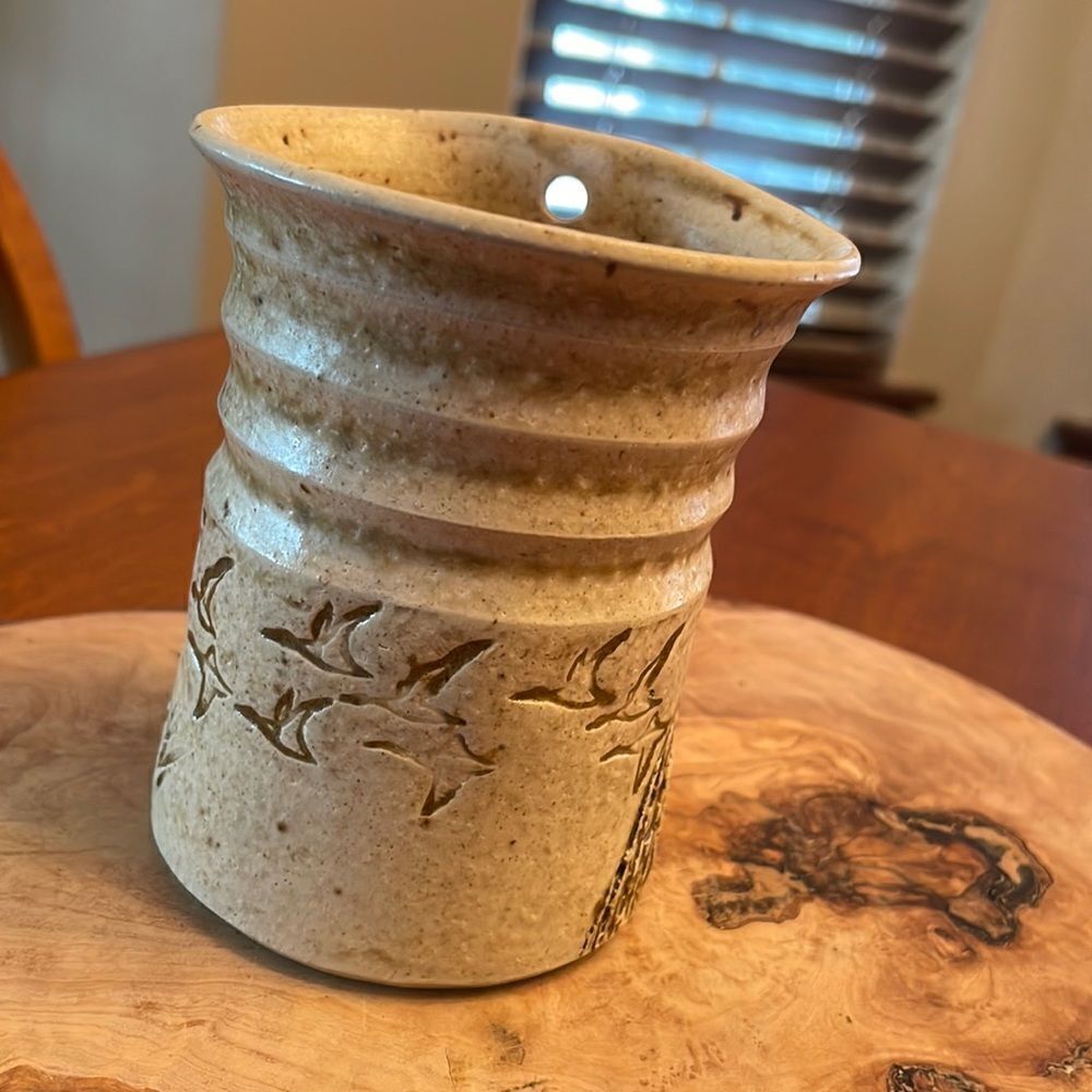 Handmade Pottery Wall Pocket with Geese Flying
